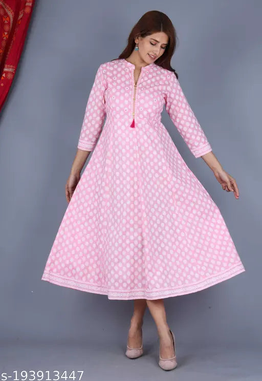 Beautiful cotton Anarkali Kurta with three-quarter sleeves, printed combo, M (38in bust, 40in size length), trending Indian fashion Main image