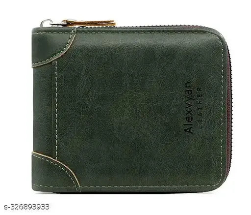 Green leather bifold wallet, RFID blocking, men's organizer with 2 pockets and 5 card slots