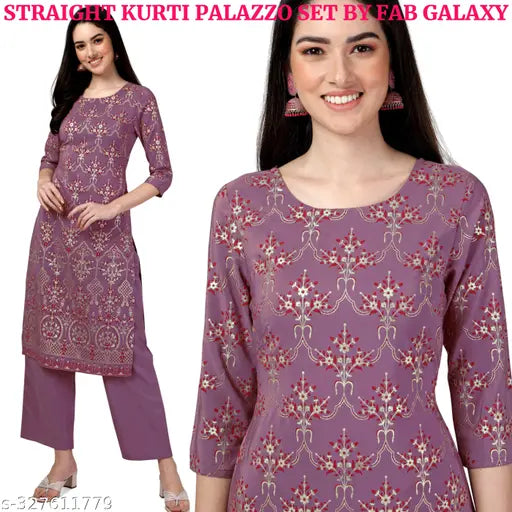 Mauve crepe kurti set with palazzos by Fab Galaxy - Printed design for women's fashion