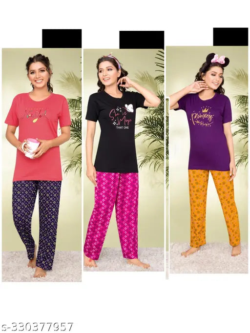 Cotton blend printed night suit and pyjamas, floral print women's T-shirt and long bottom set with short sleeves, comfortable for sleepwear