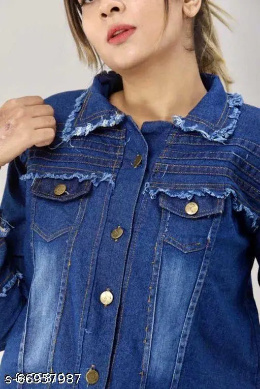 Denim three-quarter sleeve women's waistcoat by Fancy Designer, solid pattern, L & XL sizes available from India