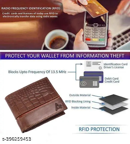 Stylish leather trifold wallet, brown buffalo leather with RFID protection, free size, handcrafted in India
