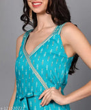 Turquoise blue rayon printed flared jumpsuit by KIPEK, sleeveless with waist tie-ups and v-neck design