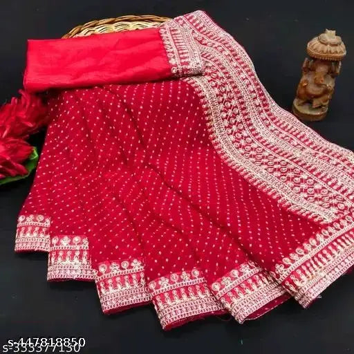 Georgette saree with red color and embroidery work for women