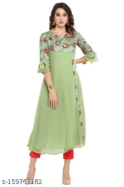 Women's crepe floral printed anarkali plus size kurti, three-quarter sleeves, vibrant floral combo for stylish women fashion