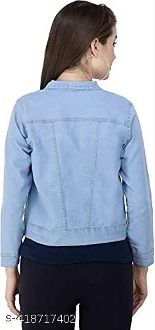 Women's long-sleeve plain denim jacket, solid style with XL size (bust 42in, length 20in, waist 23in, hip 32in, shoulder 19in), made in India