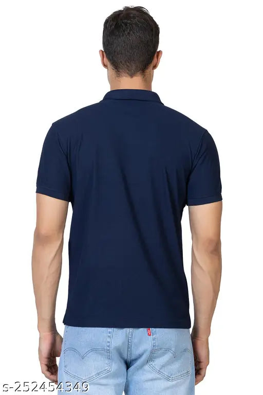 Navy blue cotton blend solid polo t-shirt for men, perfect for college students, work, sports, travel, or casual outings. Made in India