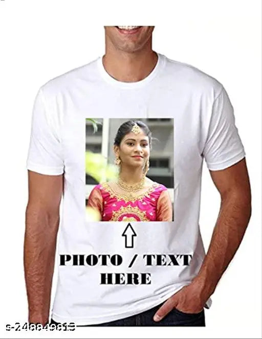 Personalized photo printed white polyester T-shirt, high-resolution image required for personalization on short sleeves tee made in India