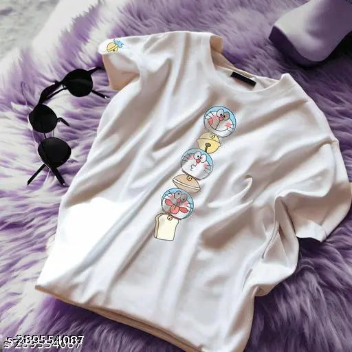 White cotton t-shirt with graphic back print featuring three characters, black sunglasses in upper left corner