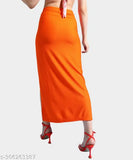 Orange solid A-line polyester skirt for women by POPWINGS, perfect for formal occasions or parties. Maxi length with long slit and crop top style, available in sizes 26, 28, 30, 32, 34 (waist: 26/28/30/32/34 inches, hip: 30/32/34/36/38 inches, length: 39/40/40/40/41 inches). Made in India