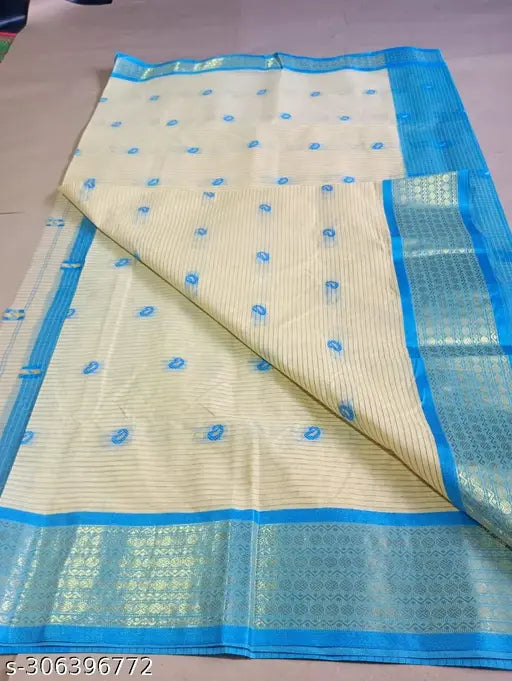 100% Pure Cotton Tant Saree, White with Blue Zari Embroidery
