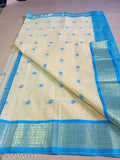 100% Pure Cotton Tant Saree, White with Blue Zari Embroidery