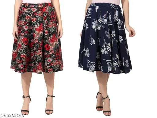Black and navy blue floral print mid-length polyester skirt combo