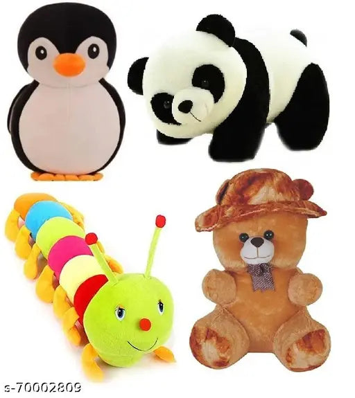Black penguin, Panda, caterpillar & brown cap teddy soft toy (30 cm long), cuddly for kids playtime