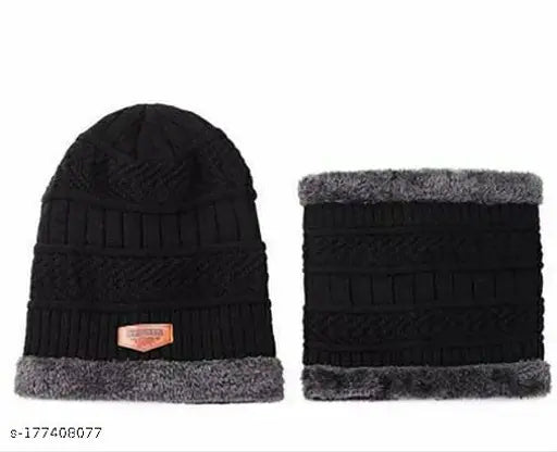 Woolen cap and neck muff combo pack (2 pairs, fur-lined), trendy winter protection for men, women, boys, girls