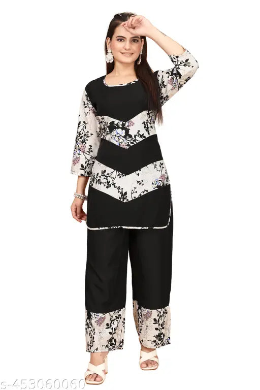 Pretty women's crepe kurta sets in 3XL, 4XL, 5XL, 6XL with palazzo bottoms and printed net pattern, India-made