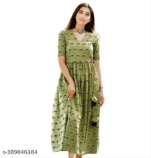 Green rayon kurti with three-quarter sleeves and printed combo, Indian traditional clothing on hanger