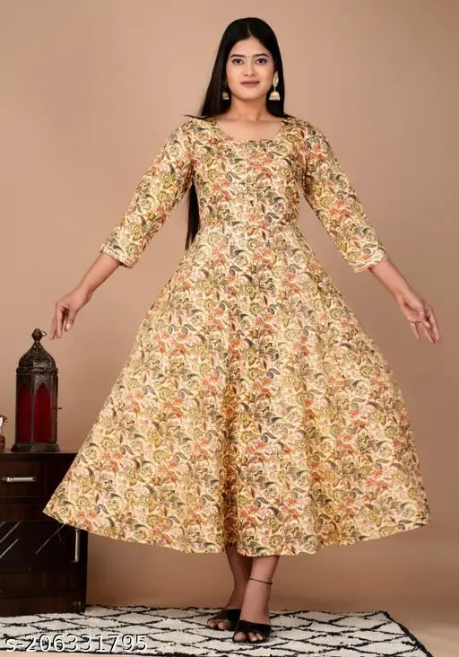 A long-sleeve flared anarkali kameez with a floral pattern and a high neckline