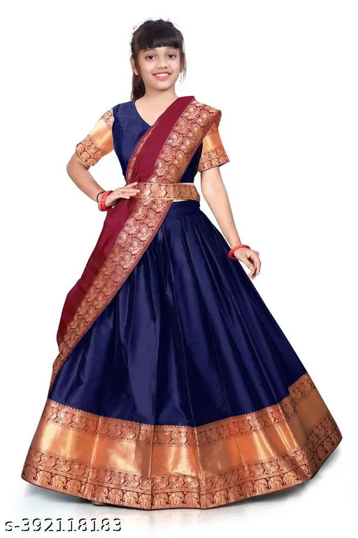Art Silk Lehenga Choli and Dupatta set for girls, featuring floral stitch and Zari patterns. Unstitched for custom sizing (11-16 years, free size available). 100% best quality South Indian traditional wear