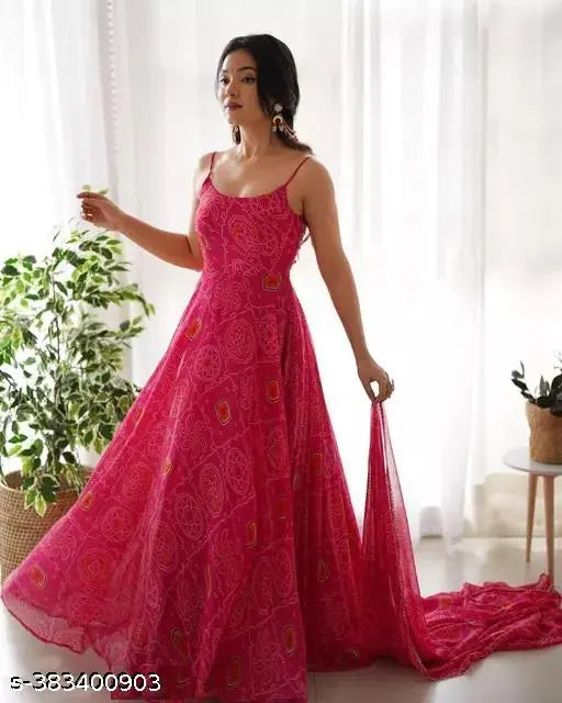 Georgette sleeveless gown, Kangana Bandhani style with lace border dupatta set - Indian fashion on mannequin