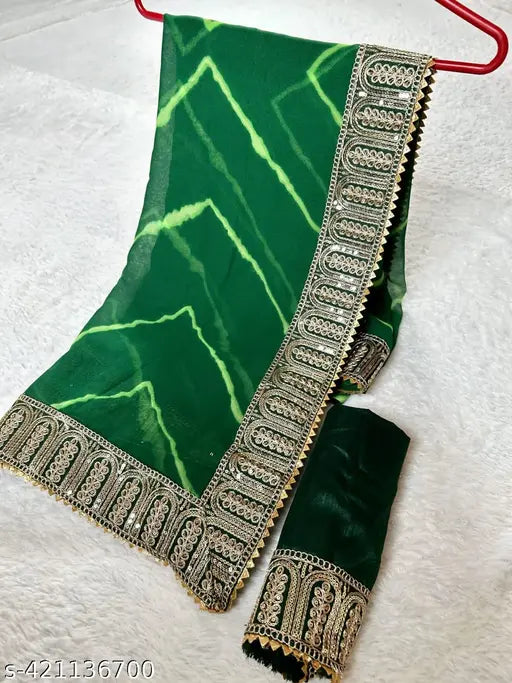 Vivid green and gold heavy georgette saree, lehariya pattern with matching blouse for women's formal wear
