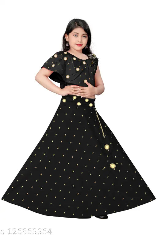 Exquisite Indian-made black jacquard butti lehenga choli for girls (Age 3-16), sleeveless with intricate stitching and solid pattern
