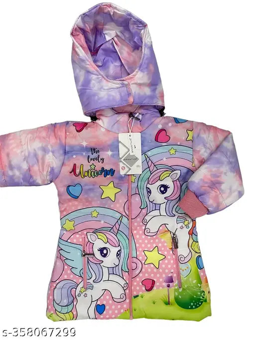 The image is of a hooded jacket with a tie at the front, featuring a colorful pattern and a graphic of two ponies. The hood is not visible in this view