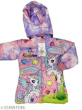 The image is of a hooded jacket with a tie at the front, featuring a colorful pattern and a graphic of two ponies. The hood is not visible in this view