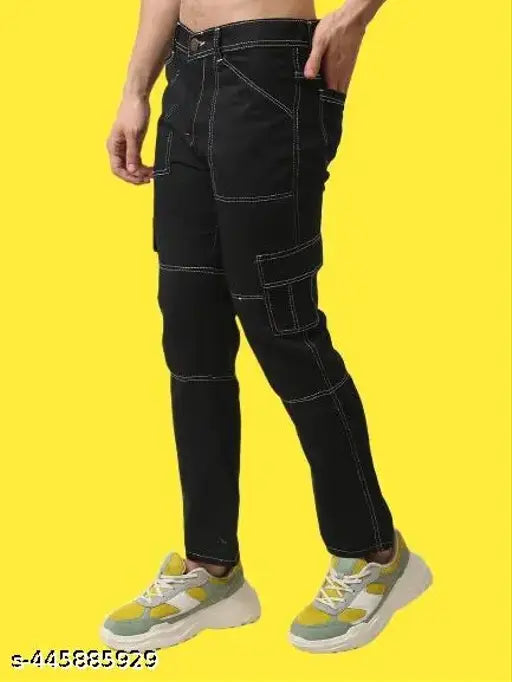 Men's black cargo jeans with adjustable waistband