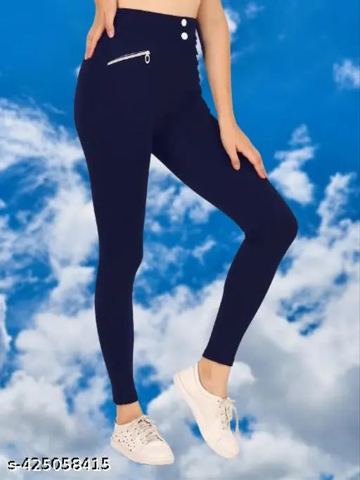 Navy Blue Chain Pocket Jegging by TIPKOO - Stylish women's & girls polyester jegging with solid net pattern and elasticity for perfect fit, made in India