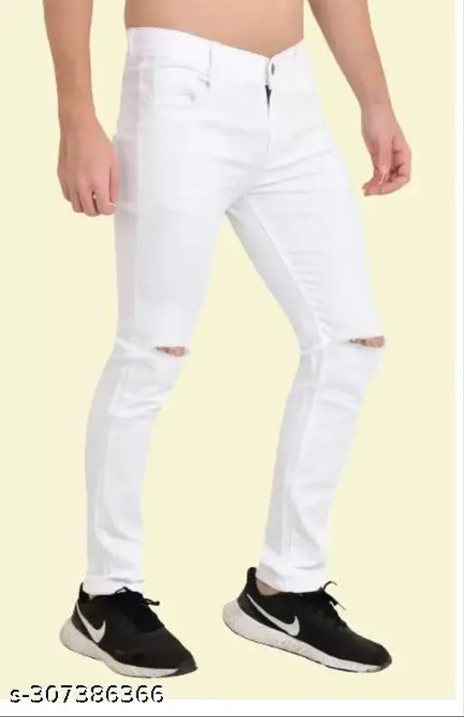 RusticBlooms men's white denim skinny jeans with knee slits, comfortable fit for sizes 26-32, solid pattern on display