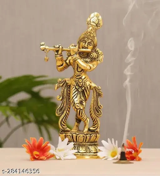 Gold-plated Krishna idol statue with flute, 5.5cm tall, 13cm wide, Indian handcrafted home decor showpiece