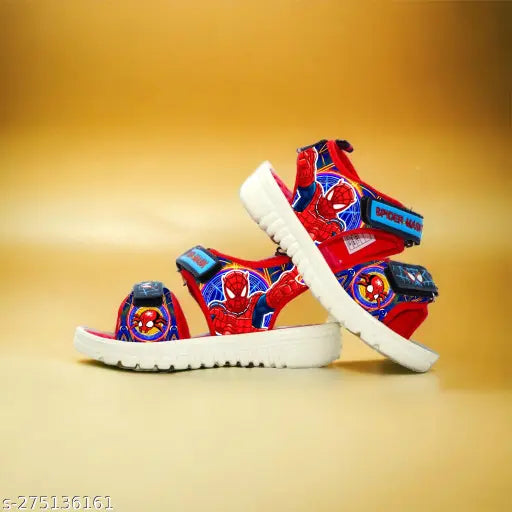 Red and black Spiderman-themed patent leather sandals for kids, featuring Velcro fastening. Ideal for ages 12 months to 14 years