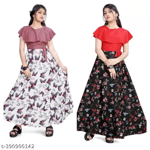 Fancy Girls ethnic party wear crepe dress, printed net, size 5-14 years, India origin