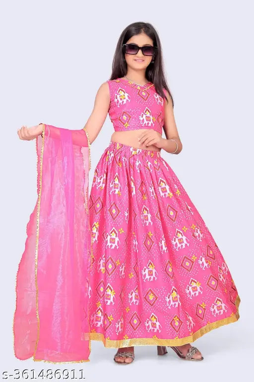 Tinkle stylish kids girls Lehanga Cholis in cotton linen with floral print, sleeveless and stitched net style. Perfect for traditional events, available in various sizes from 2-14 years. Indian handcrafted design