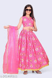 Tinkle stylish kids girls Lehanga Cholis in cotton linen with floral print, sleeveless and stitched net style. Perfect for traditional events, available in various sizes from 2-14 years. Indian handcrafted design