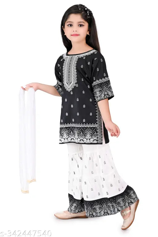 Musklyn Fashion girls ethnic printed rayon kurta sharara sets with dupatta, three-quarter sleeves, India