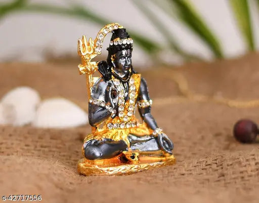 Gold-plated Mahakal Lord Shiva figurine with Om Symbol, stone detailing. 7 cm decorative showpiece for spiritual puja and home décor