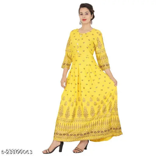 Rayon printed long kurti with three-quarter sleeves, Indian traditional women's fashion