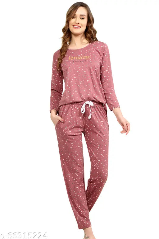 Pink cotton star and moon printed top & pyjama full sleeve nightsuit set, flattering cuts and glamorous nightwear for women(LFNS314), finest quality fabric, colorfast guarantee, made in India