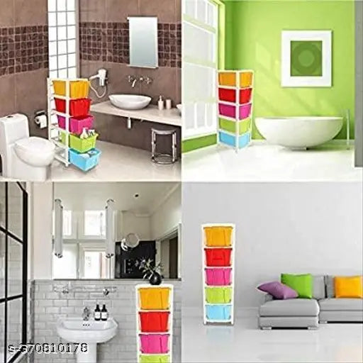 Multicolored modular plastic drawer system for home office or hospital setting. Assembled dimensions: 27cm (w) x 32cm (l) x 85cm (h)
