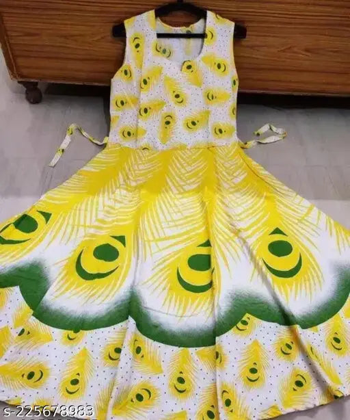 Yellow and green printed traditional maxi dress by Vijay Creation, sleeveless midi length for every occasion