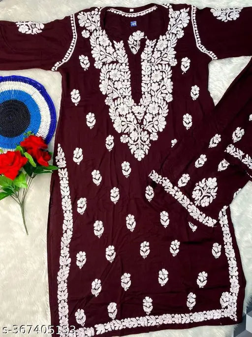 Handcrafted Lakhnawi Modal Cotton Chikankari Kurta and Palazzo Set, intricate embroidery on rayon fabric, three-quarter sleeves, Indian traditional wear for women (L: Bust 40in, XL: Bust 42in, XXL: Bust 44in/Shoulder 16in/Waist 40in/Length 44in, XXXL: Bust 46in, 4XL: Bust 48in)