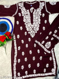 Handcrafted Lakhnawi Modal Cotton Chikankari Kurta and Palazzo Set, intricate embroidery on rayon fabric, three-quarter sleeves, Indian traditional wear for women (L: Bust 40in, XL: Bust 42in, XXL: Bust 44in/Shoulder 16in/Waist 40in/Length 44in, XXXL: Bust 46in, 4XL: Bust 48in)
