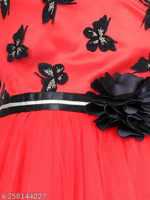 Red embellished net dress, full-length party wear for kids (1-11 years)