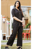 Black lining print night suit, cotton top and bottom, three-quarter sleeves, printed design, size M (38in bust, 36in waist, 40in hip, 42in length). Indian-made, ideal for all seasons