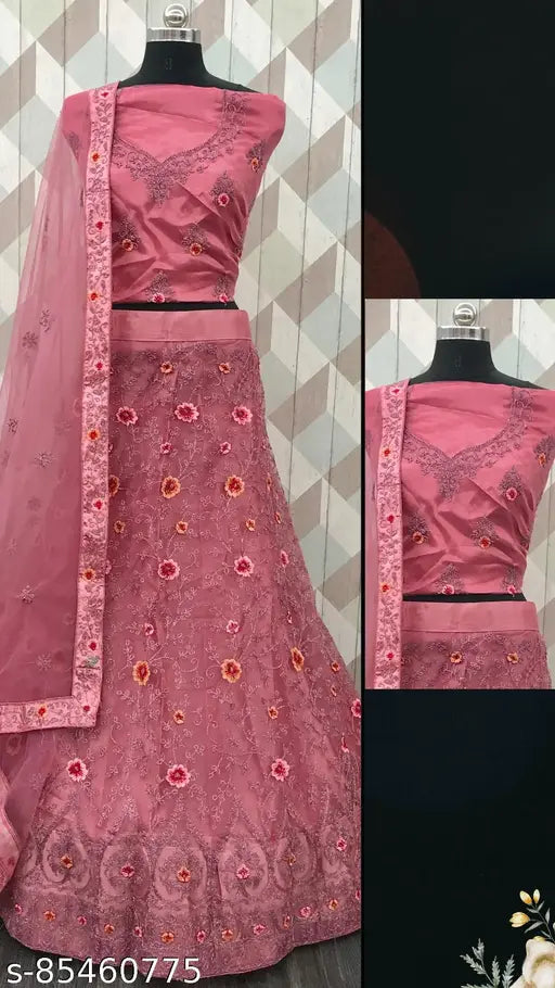 Pink semi-stitched net Lehenga Choli with detailed embroidery - Indian festive wear for special events and parties