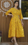 Mustard rayon pleated print kurti, three-quarter sleeves, women's fashion, Indian crafted