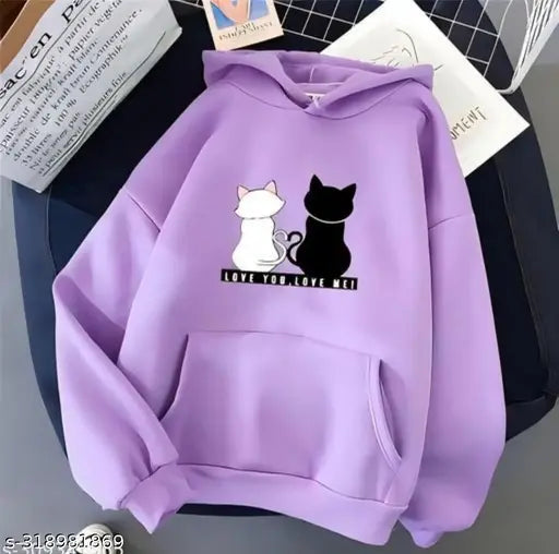Purple hoodie with cat illustration and white text