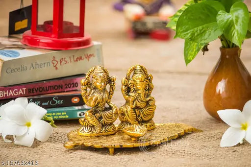 Gold oxide metal Lord Laxmi Ganesh idol statue on lotus flower with diya, 20x10x10 cm, ideal for Pooja figurine showpiece